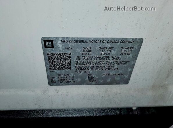 2GNAXJEV5K6232573 2019 CHEVROLET EQUINOX White Widok naklejki z numerem VIN
