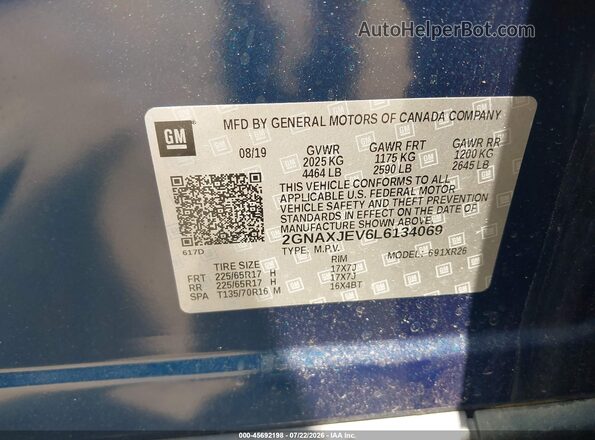 2GNAXJEV6L6134069 2020 CHEVROLET EQUINOX Dark Blue Вид подкапотного пространства