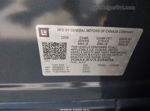 2GNAXJEV7L6194054 2020 CHEVROLET EQUINOX Gray Vista del compartimento del motor