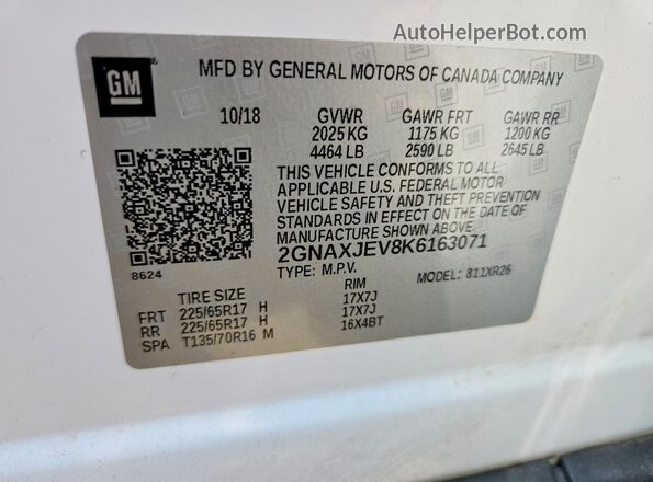 2GNAXJEV8K6163071 2019 CHEVROLET EQUINOX White Widok wnętrza 360 stopni