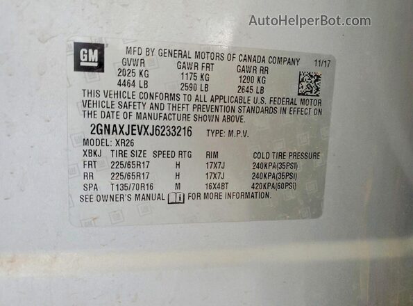 2GNAXJEVXJ6233216 2018 CHEVROLET EQUINOX Silver Widok naklejki z numerem VIN