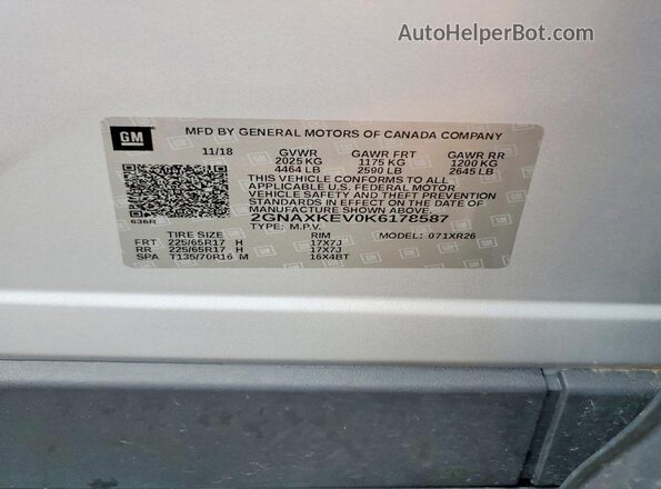 2GNAXKEV0K6178587 2019 CHEVROLET EQUINOX Silver VIN კოდის სტიკერის ხედი