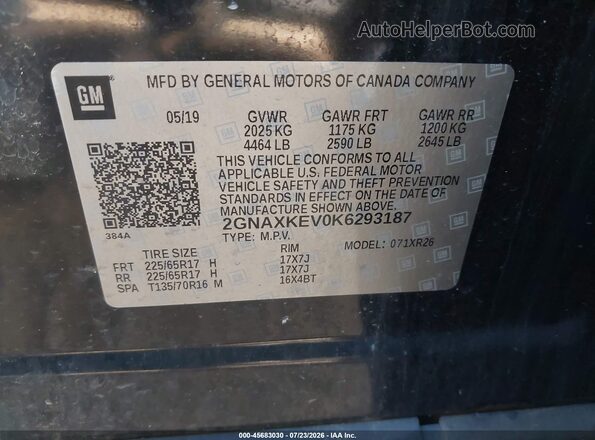 2GNAXKEV0K6293187 2019 CHEVROLET EQUINOX Black Engine compartment view