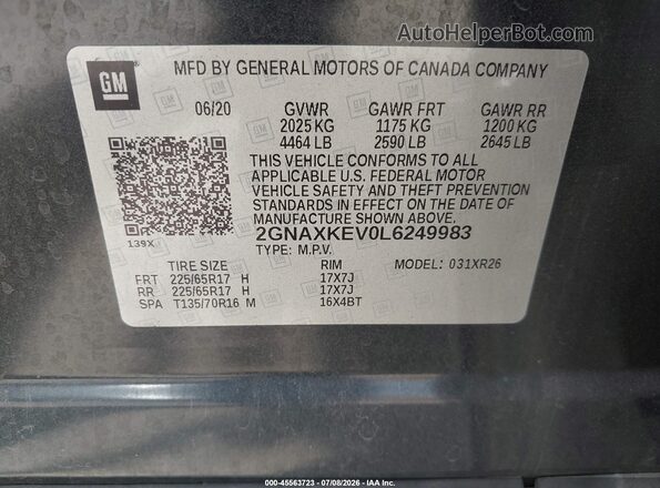 2GNAXKEV0L6249983 2020 CHEVROLET EQUINOX Gray Widok komory silnika