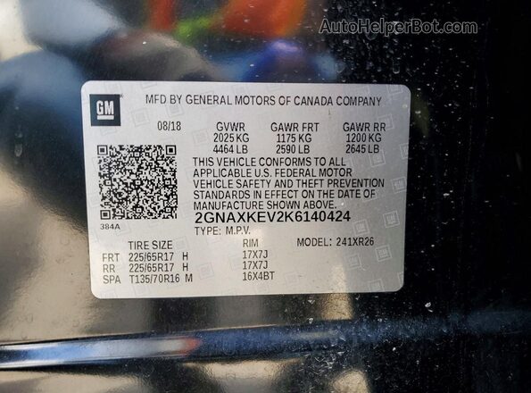 2GNAXKEV2K6140424 2019 CHEVROLET EQUINOX Black VIN კოდის სტიკერის ხედი