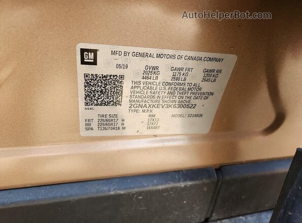 2GNAXKEV3K6300522 2019 CHEVROLET EQUINOX Tan Engine compartment view