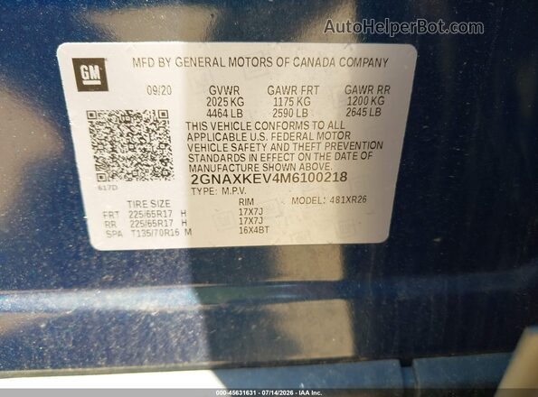 2GNAXKEV4M6100218 2021 CHEVROLET EQUINOX Blue Widok komory silnika