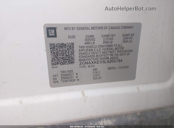 2GNAXKEV5L6205784 2020 CHEVROLET EQUINOX White Vista del compartimento del motor