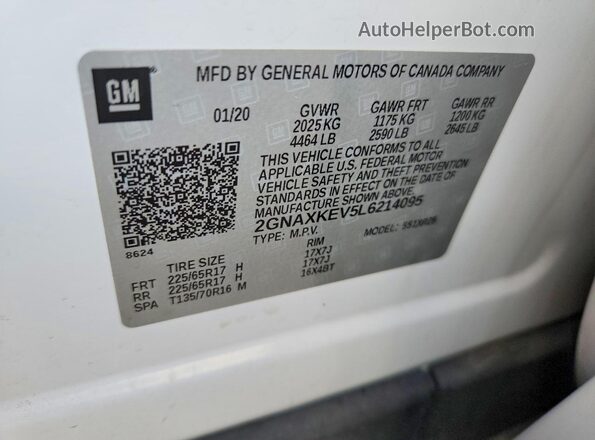 2GNAXKEV5L6214095 2020 CHEVROLET EQUINOX Белый Вид наклейки с VIN-кодом