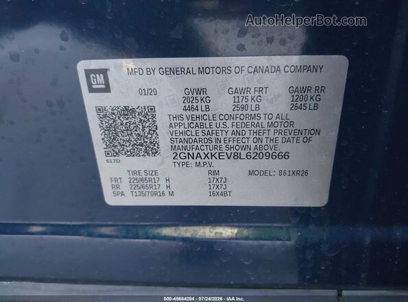 2GNAXKEV8L6209666 2020 CHEVROLET EQUINOX Blue Widok komory silnika