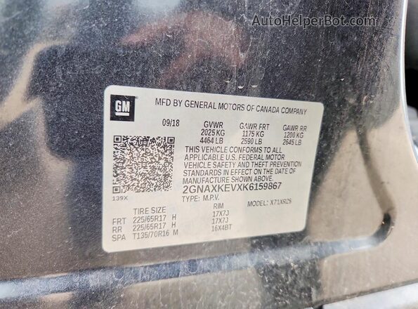 2GNAXKEVXK6159867 2019 CHEVROLET EQUINOX Серый Вид наклейки с VIN-кодом
