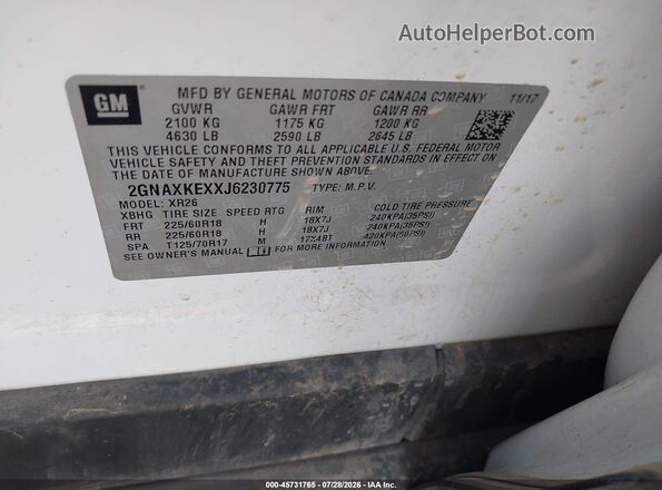 2GNAXKEXXJ6230775 2018 CHEVROLET EQUINOX White Շարժիչի բաժամունքի տեսք