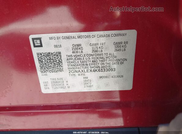 2GNAXLEX4K6133093 2019 CHEVROLET EQUINOX Красный Вид подкапотного пространства