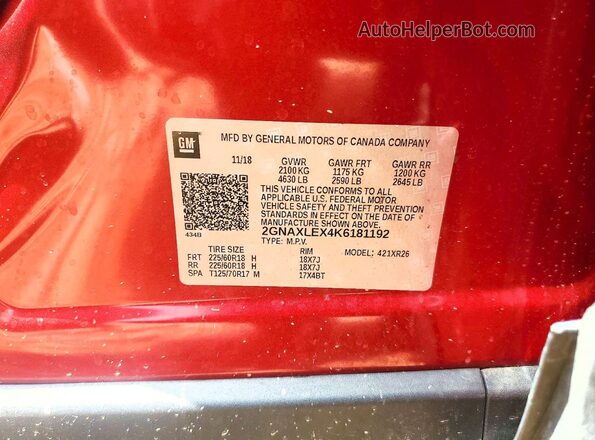 2GNAXLEX4K6181192 2019 CHEVROLET EQUINOX Red Vista de la etiqueta del VIN