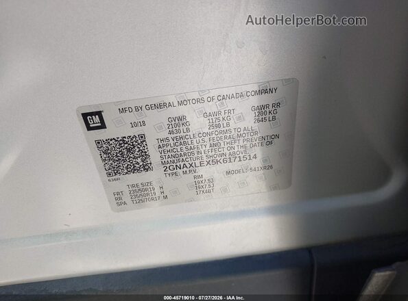 2GNAXLEX5K6171514 2019 CHEVROLET EQUINOX Silver Vista del compartimento del motor