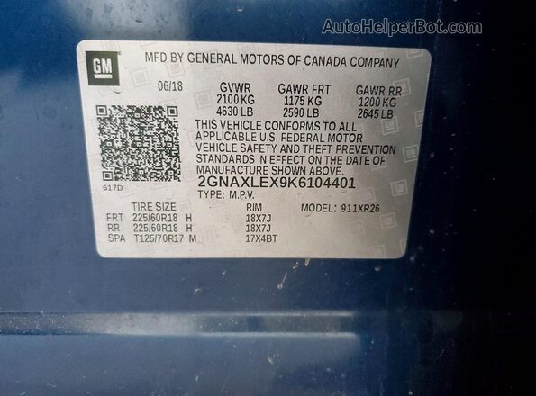 2GNAXLEX9K6104401 2019 CHEVROLET EQUINOX Blue VIN კოდის სტიკერის ხედი