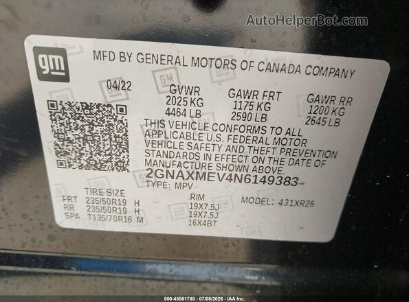 2GNAXMEV4N6149383 2022 CHEVROLET EQUINOX Black Vista del compartimento del motor