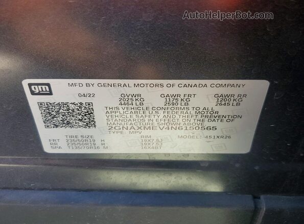 2GNAXMEV4N6150565 2022 CHEVROLET EQUINOX Charcoal Vista del compartimento del motor