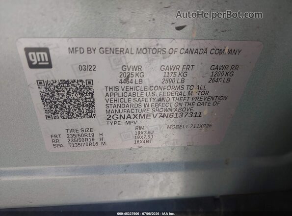 2GNAXMEV7N6137311 2022 CHEVROLET EQUINOX Turquoise ძრავის განყოფილების ხედი