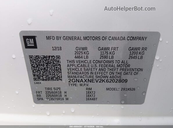 2GNAXNEV2K6202809 2019 CHEVROLET EQUINOX White Vista del compartimento del motor