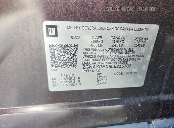 2GNAXPEX6L6215707 2020 CHEVROLET EQUINOX Purple Widok naklejki z numerem VIN