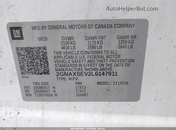 2GNAXSEV2L6147911 2020 CHEVROLET EQUINOX White ძრავის განყოფილების ხედი