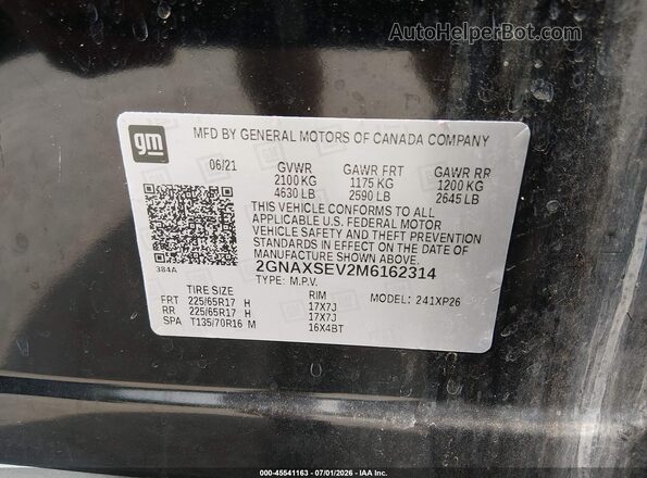 2GNAXSEV2M6162314 2021 CHEVROLET EQUINOX Black Вид підкапотного простору
