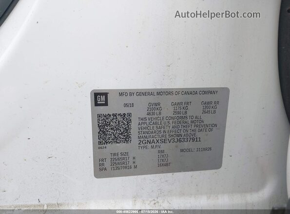 2GNAXSEV3J6337911 2018 CHEVROLET EQUINOX Белый Вид подкапотного пространства