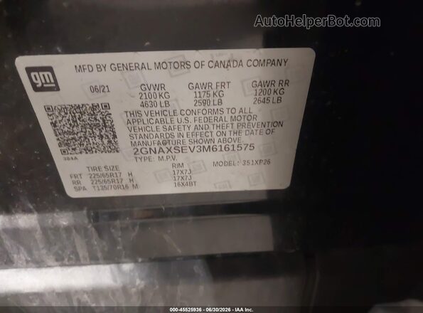 2GNAXSEV3M6161575 2021 CHEVROLET EQUINOX Black Вид підкапотного простору