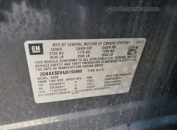 2GNAXSEV4J6193480 2018 CHEVROLET EQUINOX Угольный Вид наклейки с VIN-кодом