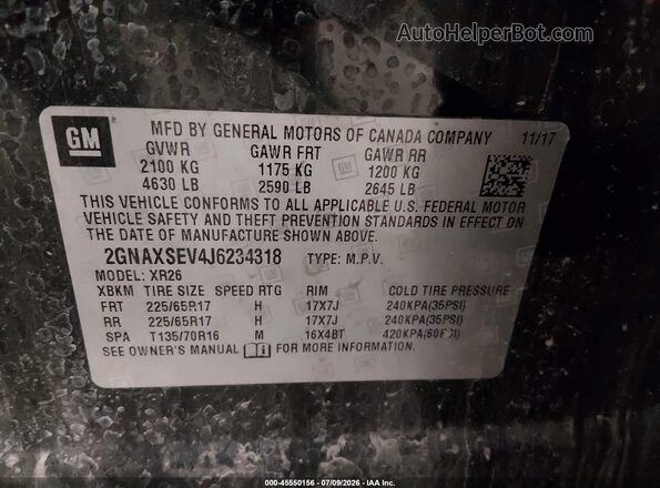 2GNAXSEV4J6234318 2018 CHEVROLET EQUINOX Black Engine compartment view