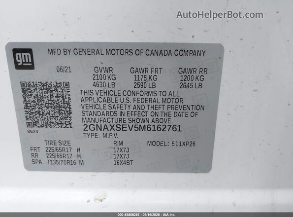 2GNAXSEV5M6162761 2021 CHEVROLET EQUINOX White ძრავის განყოფილების ხედი
