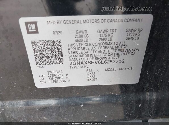2GNAXSEV6L6257716 2020 CHEVROLET EQUINOX Black Engine compartment view