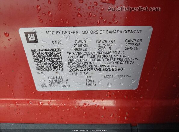 2GNAXSEV6L6258090 2020 CHEVROLET EQUINOX Оранжевый Вид подкапотного пространства