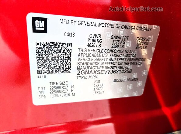 2GNAXSEV7J6314258 2018 CHEVROLET EQUINOX Red Սալոնի 360 աստիճան տեսք