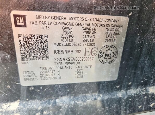 2GNAXSEV8J6289967 2018 CHEVROLET EQUINOX Угольный Вид наклейки с VIN-кодом