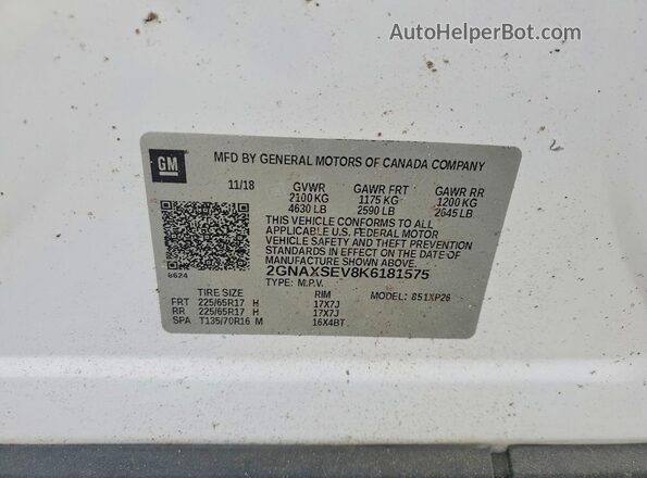 2GNAXSEV8K6181575 2019 CHEVROLET EQUINOX White VIN sticker view