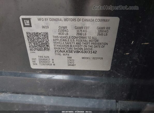 2GNAXSEV8K6303142 2019 CHEVROLET EQUINOX Gray Widok komory silnika
