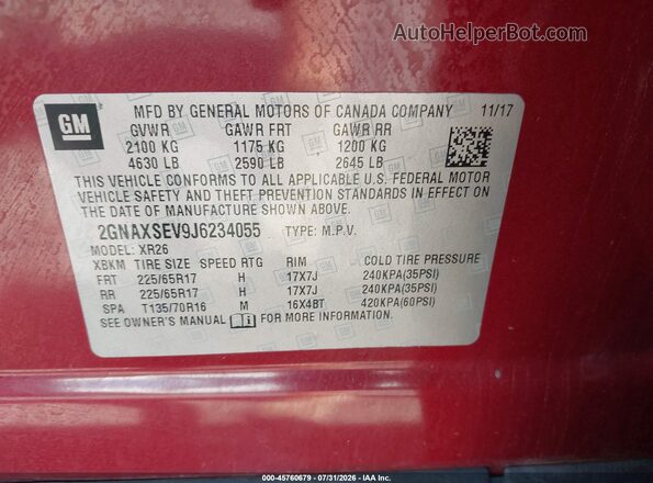 2GNAXSEV9J6234055 2018 CHEVROLET EQUINOX Red Vista del compartimento del motor