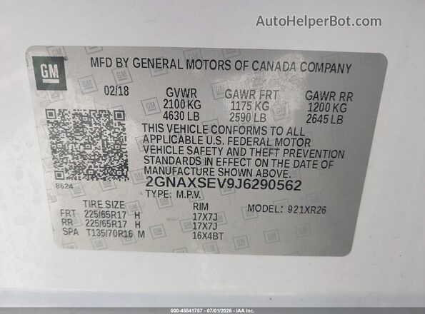 2GNAXSEV9J6290562 2018 CHEVROLET EQUINOX White Engine compartment view