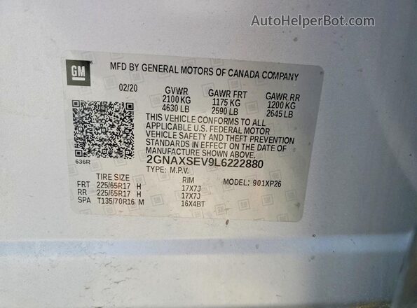 2GNAXSEV9L6222880 2020 CHEVROLET EQUINOX Silver Vista de la etiqueta del VIN