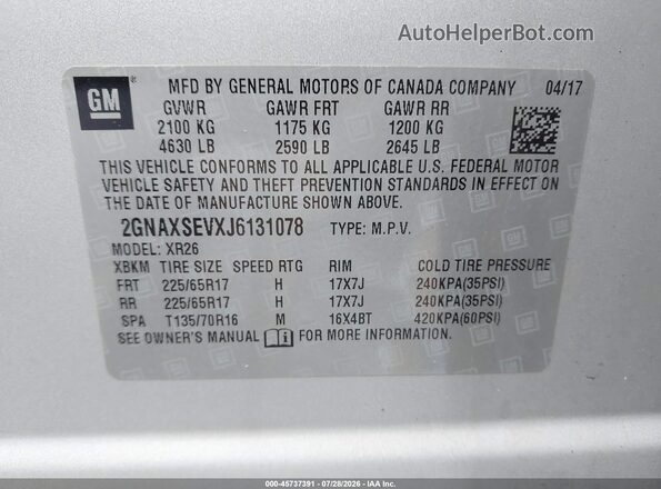 2GNAXSEVXJ6131078 2018 CHEVROLET EQUINOX Silver Vista del compartimento del motor