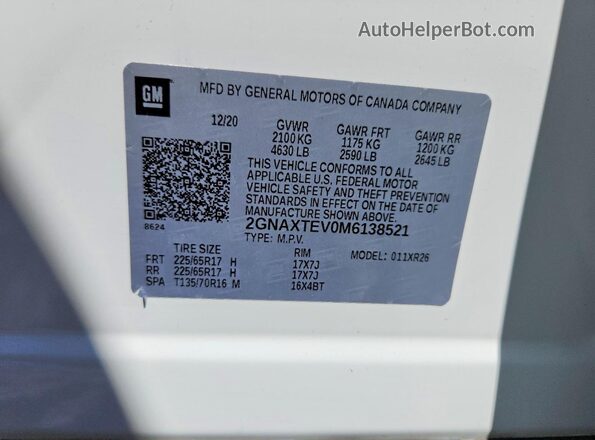2GNAXTEV0M6138521 2021 CHEVROLET EQUINOX White Widok naklejki z numerem VIN