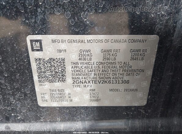 2GNAXTEV2K6131308 2019 CHEVROLET EQUINOX Black Vista del compartimento del motor