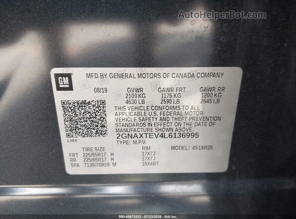 2GNAXTEV4L6136995 2020 CHEVROLET EQUINOX Gray Vista del compartimento del motor