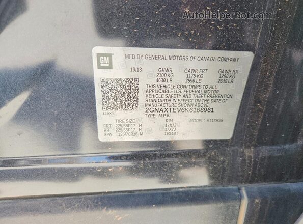 2GNAXTEV6K6168961 2019 CHEVROLET EQUINOX Угольный Вид наклейки с VIN-кодом