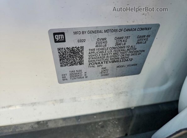 2GNAXTEV8N6133472 2022 CHEVROLET EQUINOX White Вид наклейки з VIN-кодом