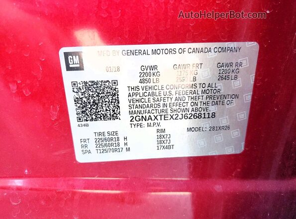 2GNAXTEX2J6268118 2018 CHEVROLET EQUINOX Red VIN կոդի պիտակի տեսք