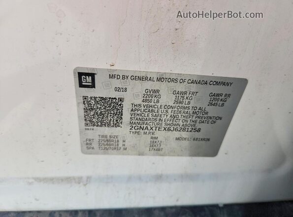 2GNAXTEX6J6281258 2018 CHEVROLET EQUINOX White Vista de la etiqueta del VIN