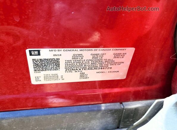 2GNAXTEX6J6344729 2018 CHEVROLET EQUINOX Красный Вид подкапотного пространства